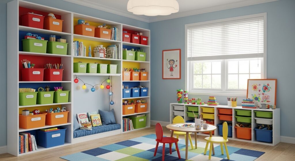 Install Colorful Storage Bins And Shelving Units